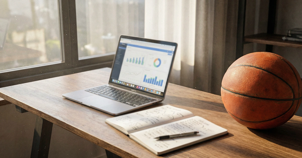 Escritorio organizado con un portátil, cuaderno de notas y un balón de baloncesto preparado para análisis
