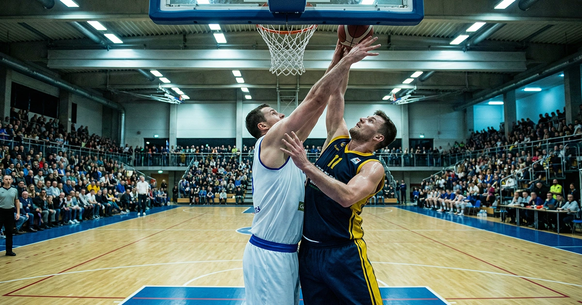 Apuestas ACB y Euroliga: jugadores de baloncesto europeo disputando un balón en pista cubierta