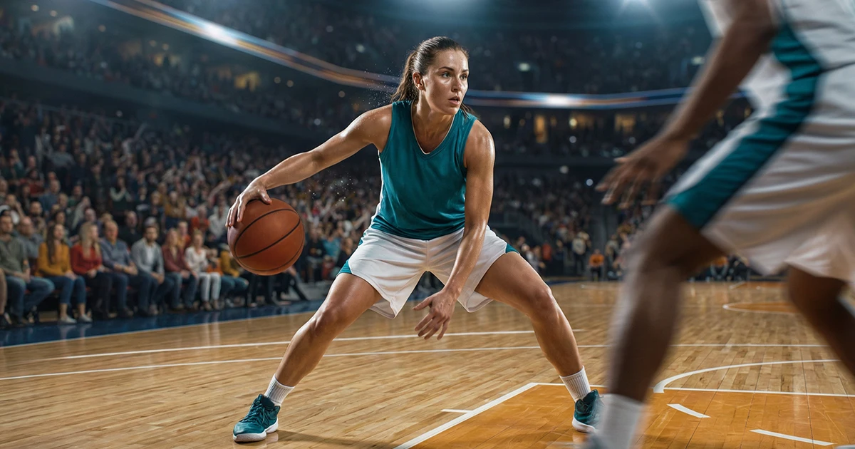 Jugadora de baloncesto femenino realizando un dribling en una cancha profesional iluminada