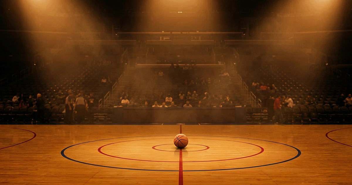 Cancha de baloncesto profesional iluminada antes de un partido con público en las gradas