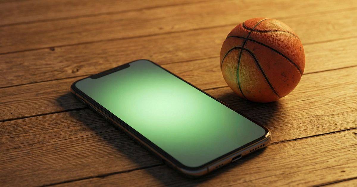 Smartphone sobre una mesa junto a un balón de baloncesto con la pantalla encendida mostrando luz verde