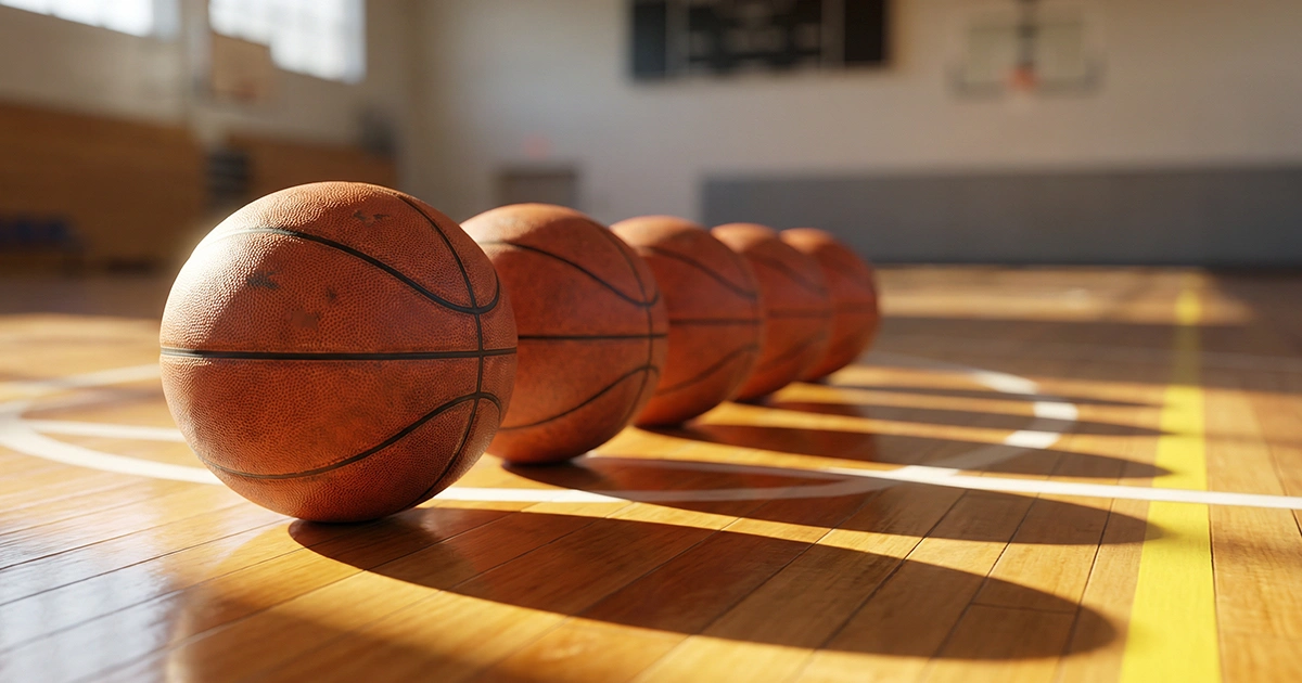 Varios balones de baloncesto alineados sobre una cancha de parquet con iluminación lateral dramática