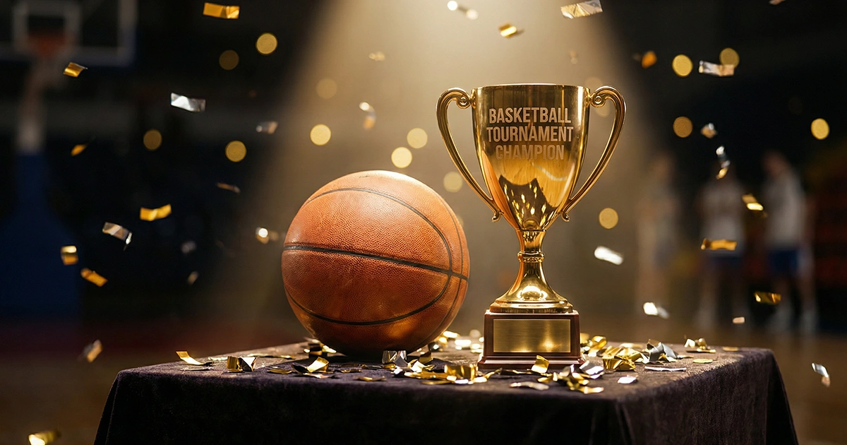 Trofeo de copa dorado sobre una mesa con un balón de baloncesto y confeti de fondo