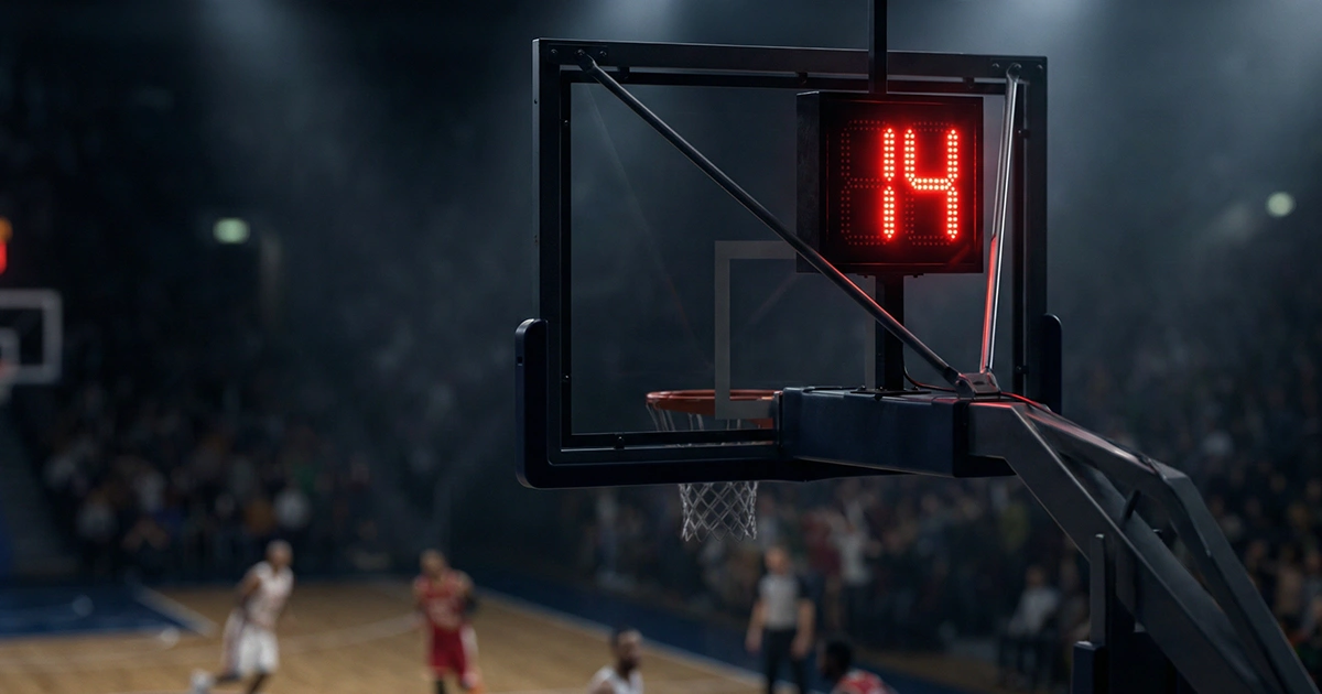 Reloj de posesión de baloncesto iluminado mostrando el tiempo en un pabellón profesional