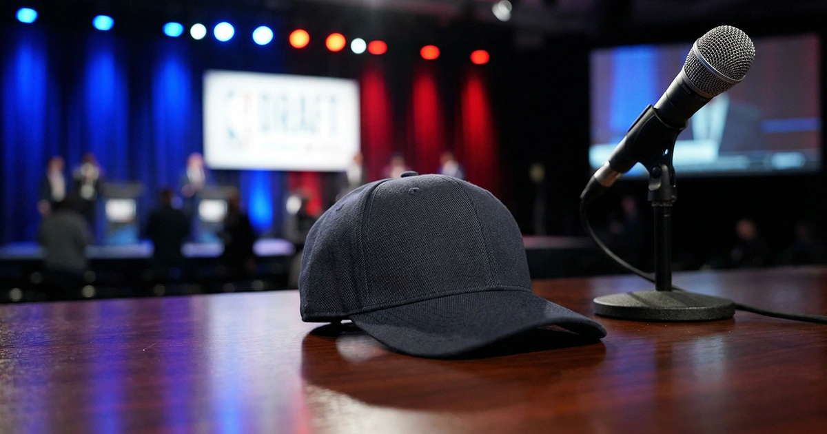 Gorra de equipo de baloncesto sobre una mesa junto a un micrófono en un escenario de evento deportivo