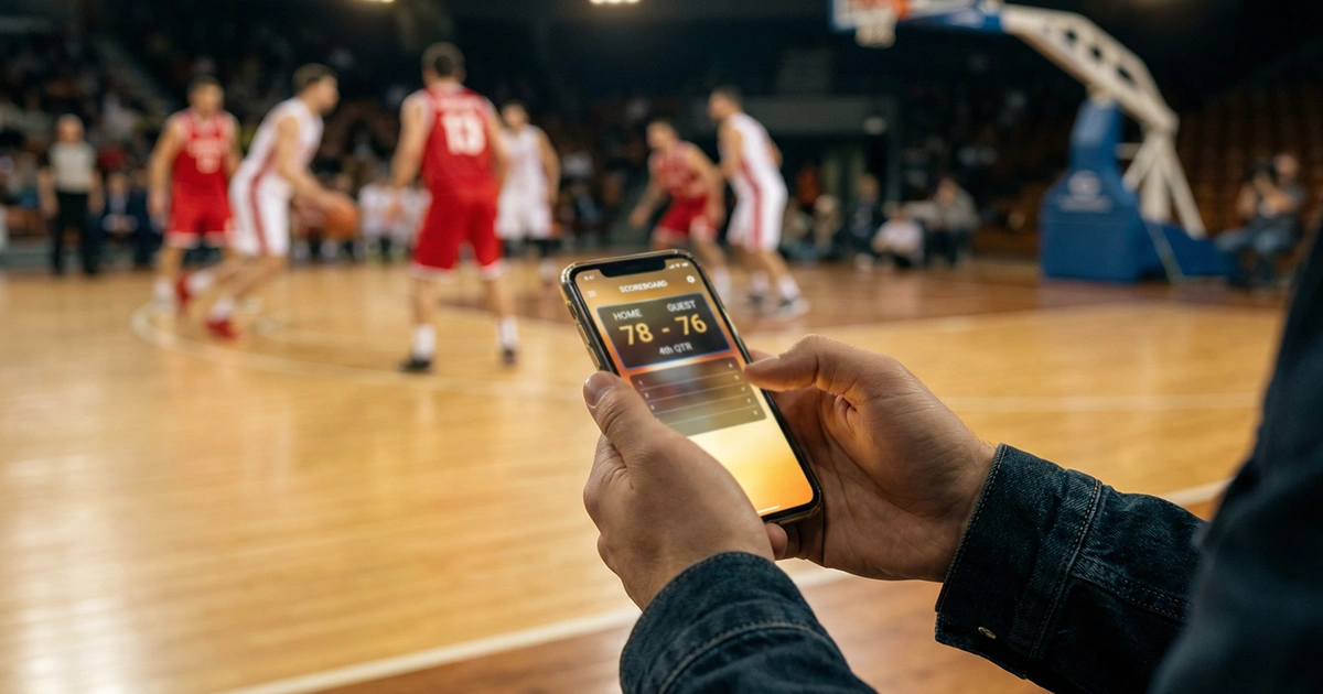 Apuestas en vivo de baloncesto: aficionado siguiendo un partido de basket en directo desde su móvil junto a la cancha