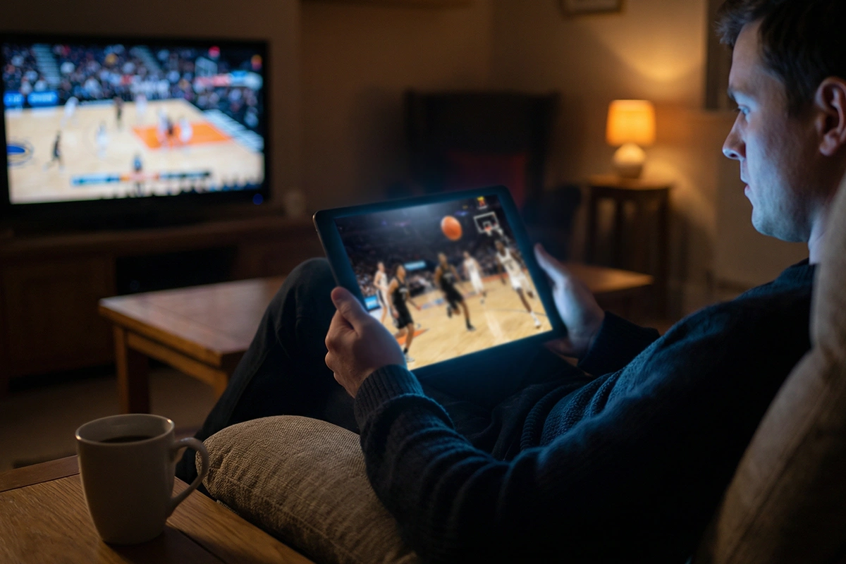 Aficionado siguiendo un partido de baloncesto en directo desde una tablet con datos en pantalla