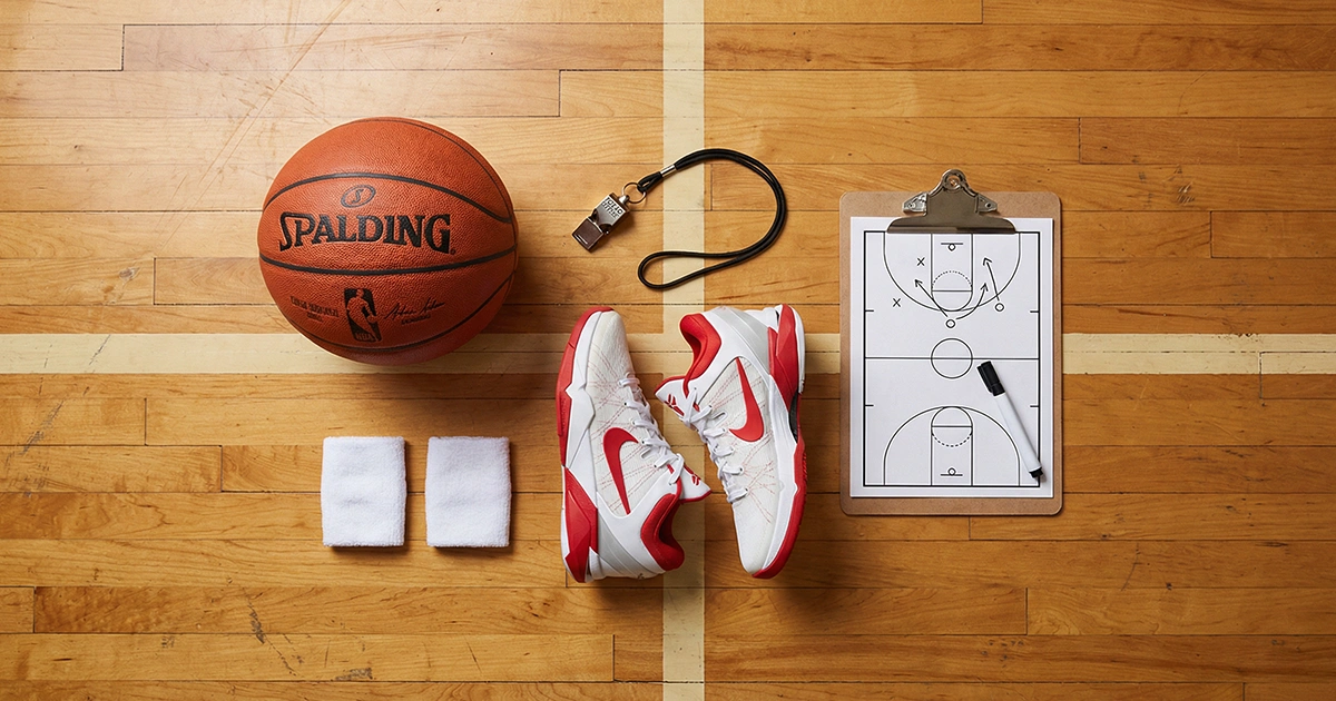 Mesa con varios elementos de baloncesto como silbato, muñequeras y un balón sobre fondo de parquet