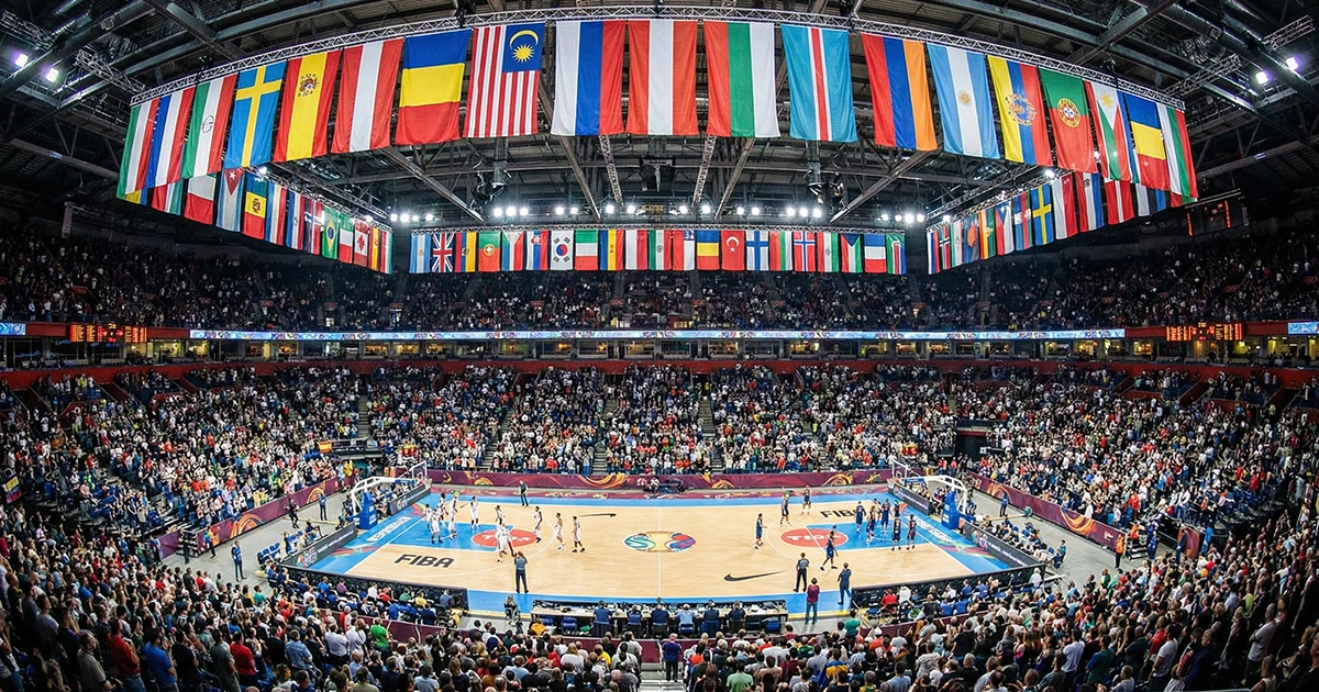 Pabellón de baloncesto con banderas de diferentes países colgando del techo durante un torneo internacional
