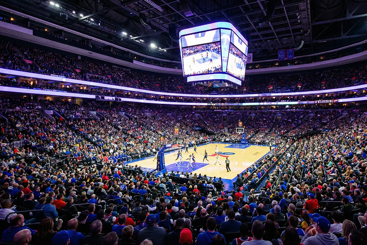 Estadio de la NBA lleno de espectadores durante un partido de temporada regular