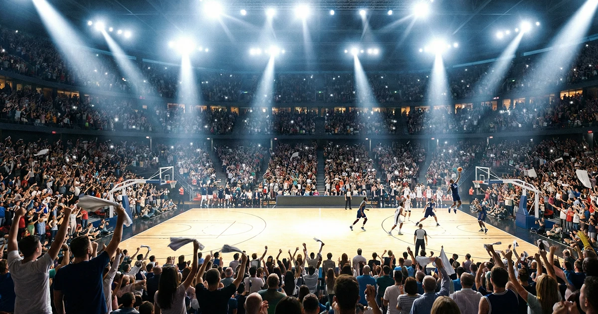 Cancha de baloncesto NBA con iluminación intensa de playoffs y grada llena de aficionados