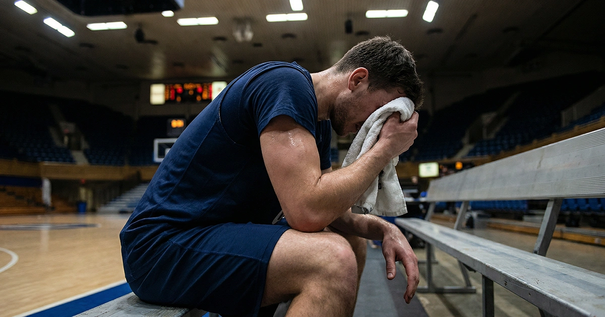 Jugador de baloncesto agotado sentado en el banquillo secándose el sudor con una toalla