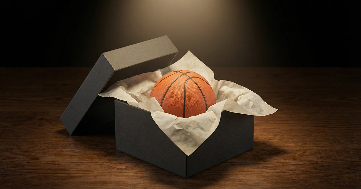 Caja de regalo abierta con un balón de baloncesto dentro sobre una mesa con luz cálida