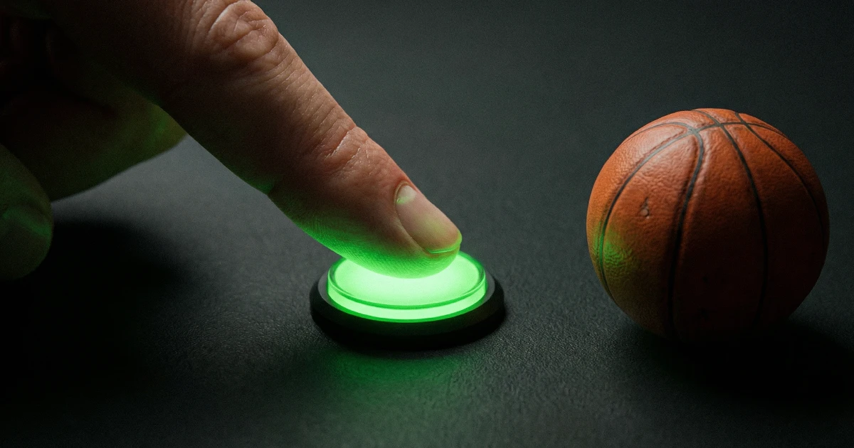 Mano pulsando un botón verde luminoso sobre una superficie oscura con un balón de baloncesto al lado