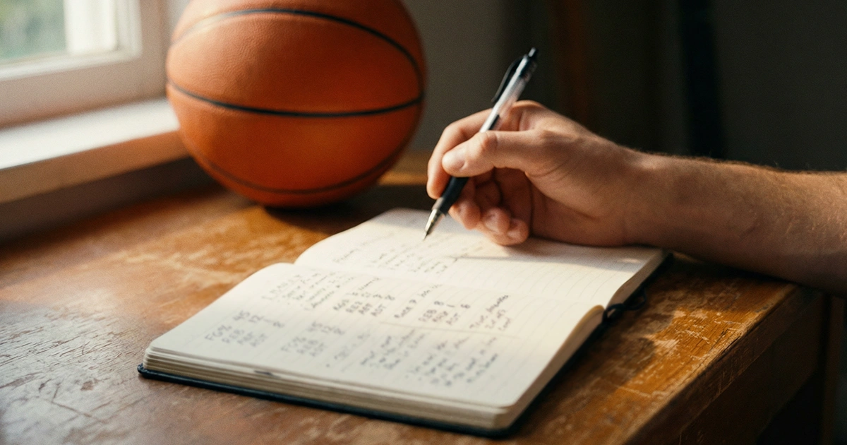 Primer plano de una mano sosteniendo un bolígrafo sobre un cuaderno con anotaciones junto a un balón de baloncesto