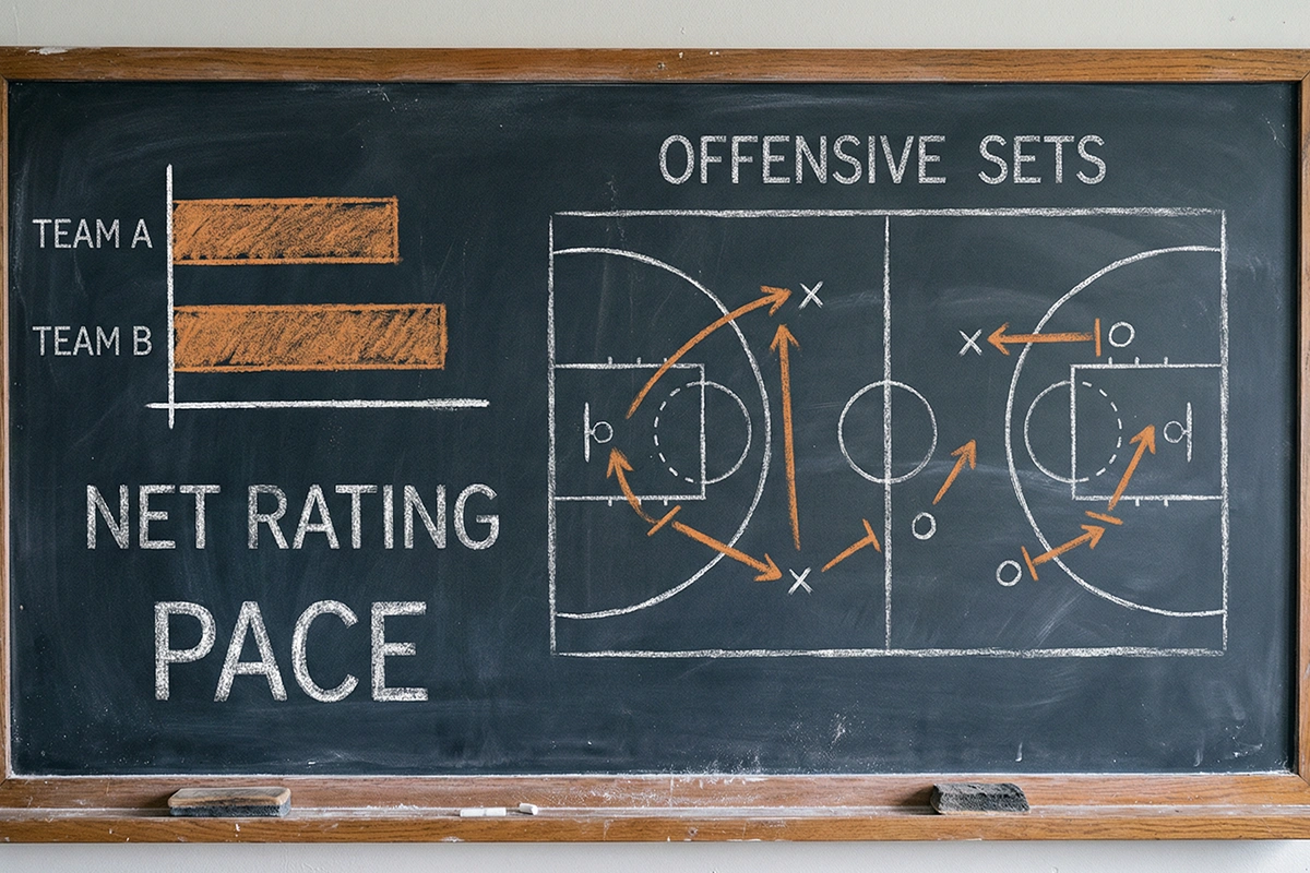 Gráfico limpio con métricas de rendimiento de equipos de baloncesto sobre fondo de pizarra