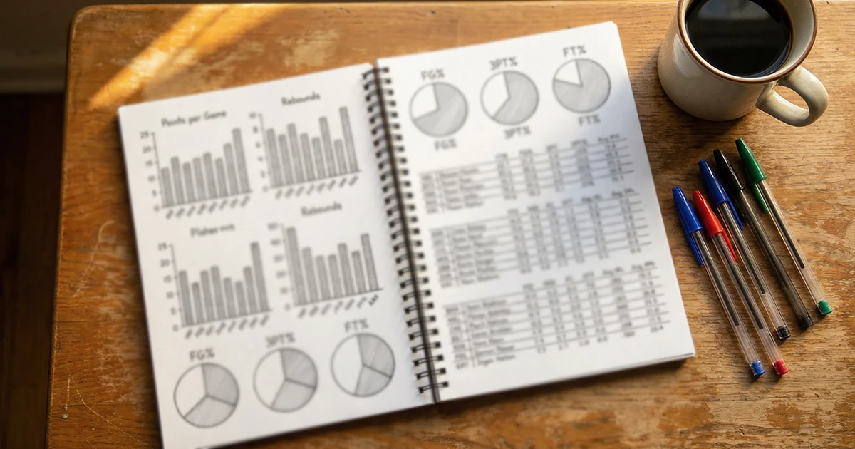 Cuaderno abierto con gráficos y anotaciones estadísticas de baloncesto sobre un escritorio