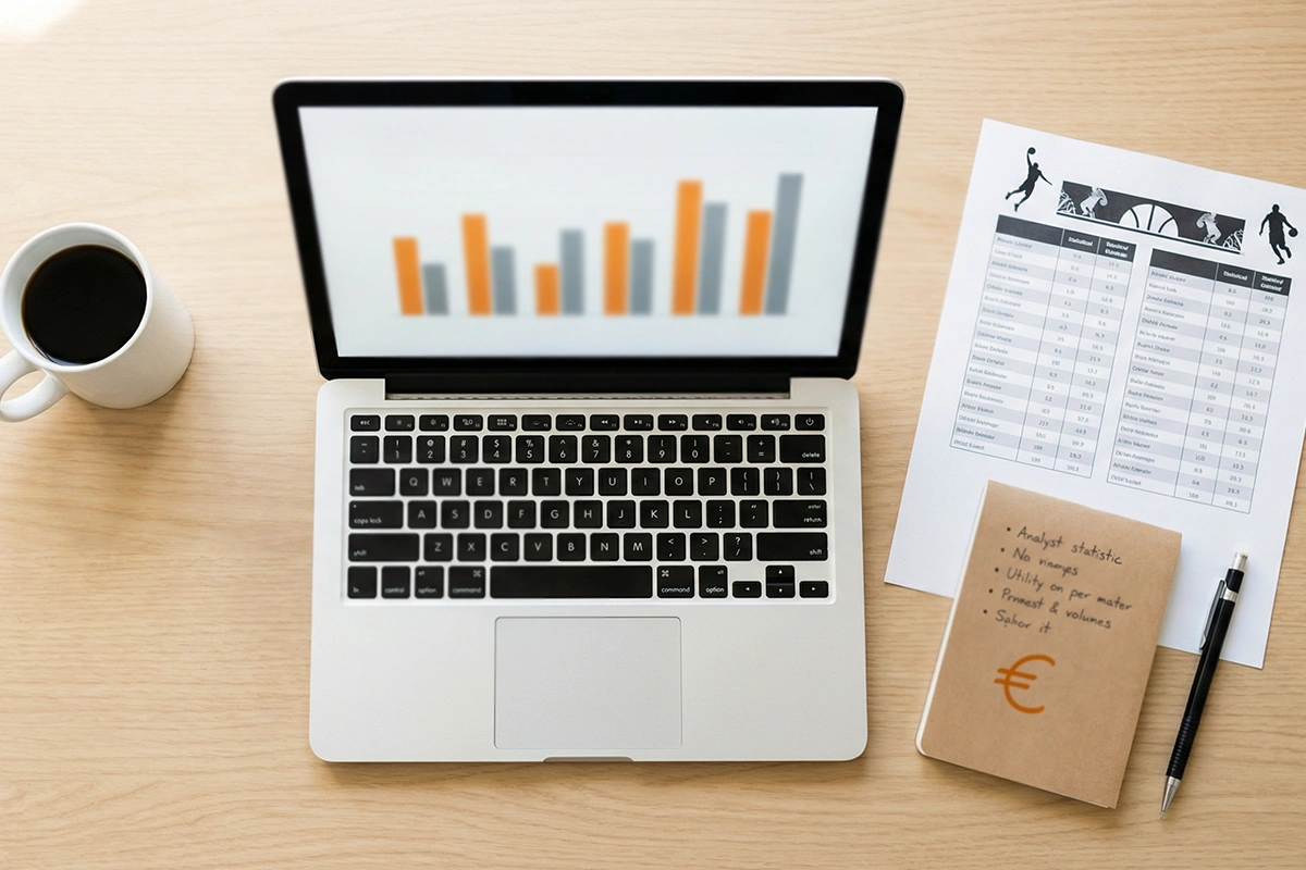 Persona analizando estadísticas de baloncesto en un portátil con notas y gráficos en la mesa