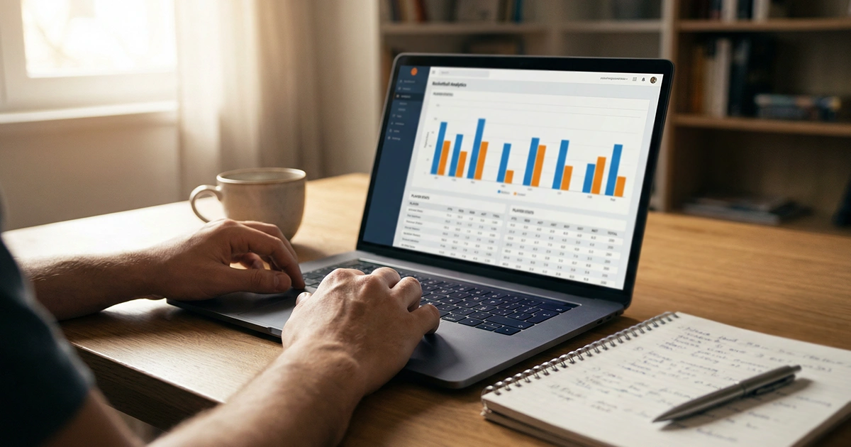 Estrategias de apuestas en baloncesto: analista revisando estadísticas de un partido de basket en su escritorio