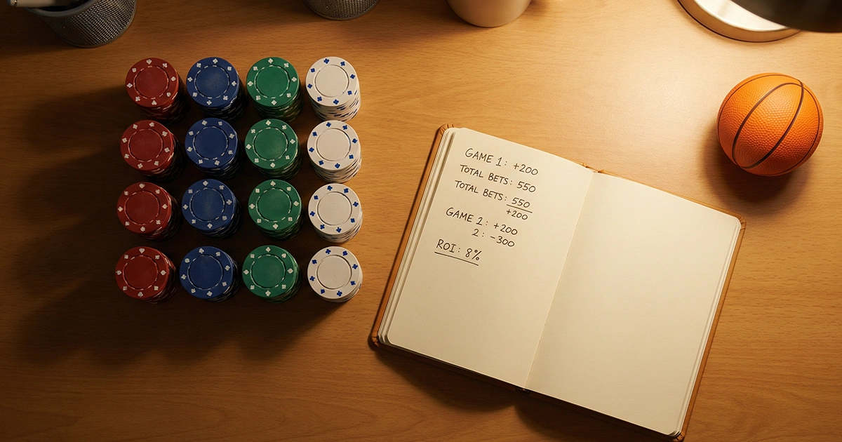 Persona organizando fichas de colores sobre una mesa junto a un cuaderno de notas y un balón de baloncesto