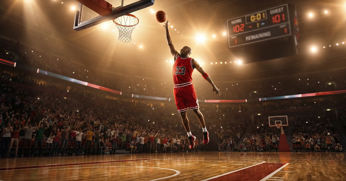 Jugador de baloncesto lanzando a canasta en un partido profesional con marcador electrónico de fondo