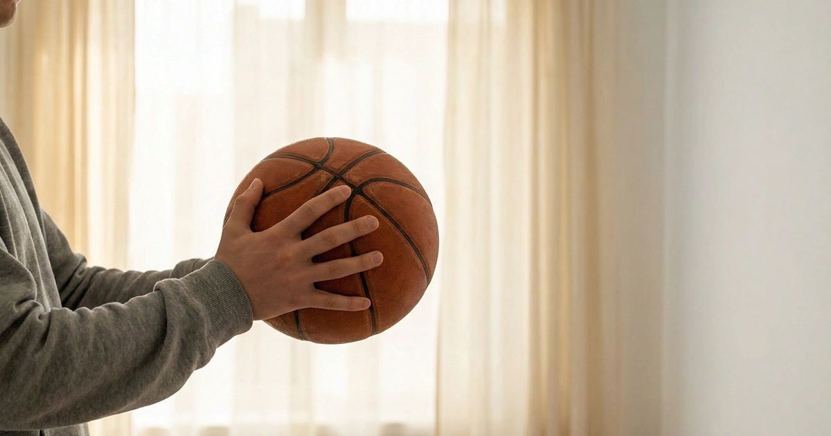 Manos sosteniendo un balón de baloncesto con calma frente a un fondo de luz natural suave