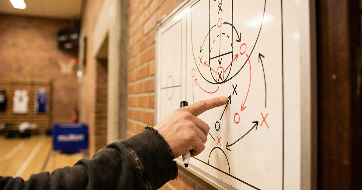 Persona señalando con el dedo una pizarra con diagramas de jugadas de baloncesto