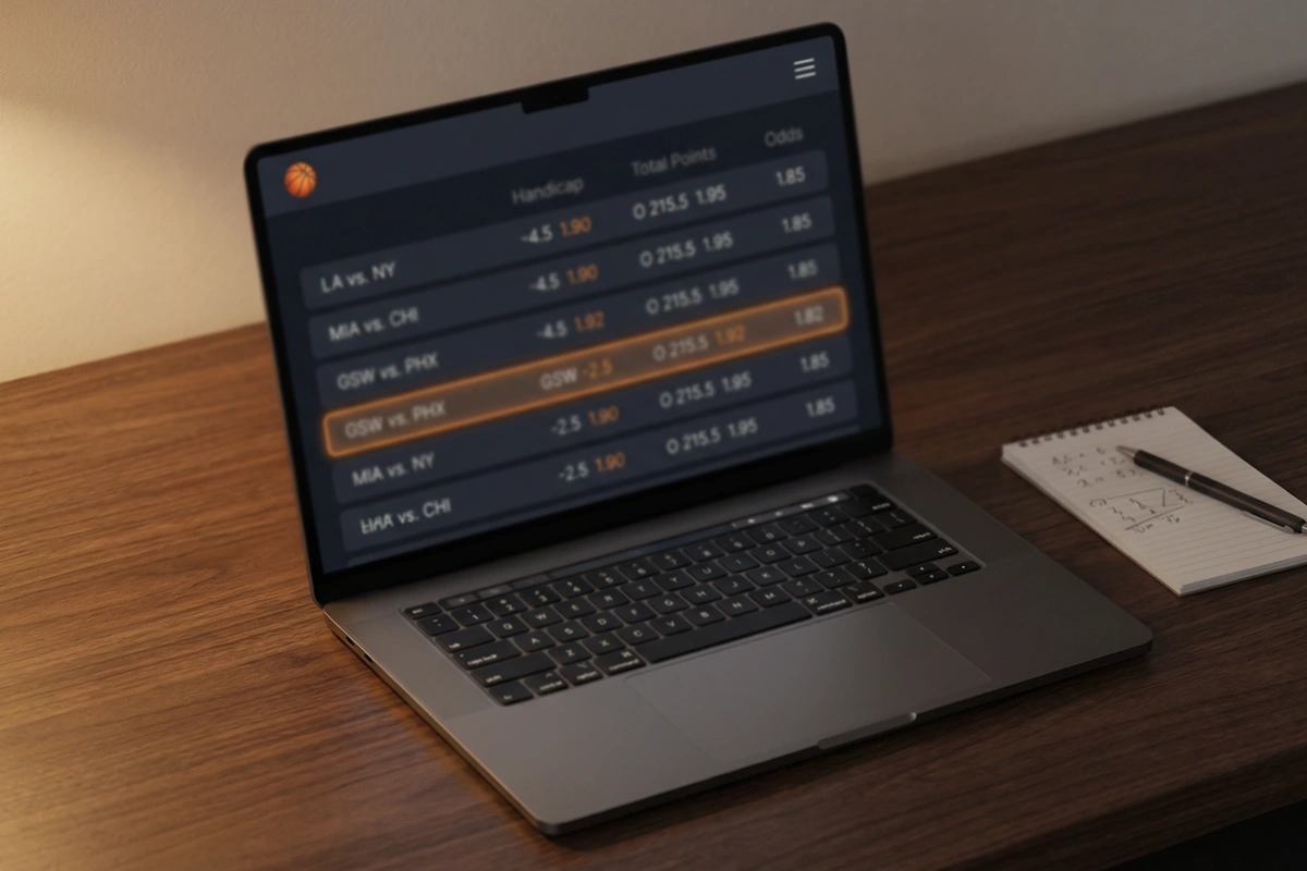 Pantalla con mercados de apuestas de baloncesto mostrando líneas de hándicap y totales