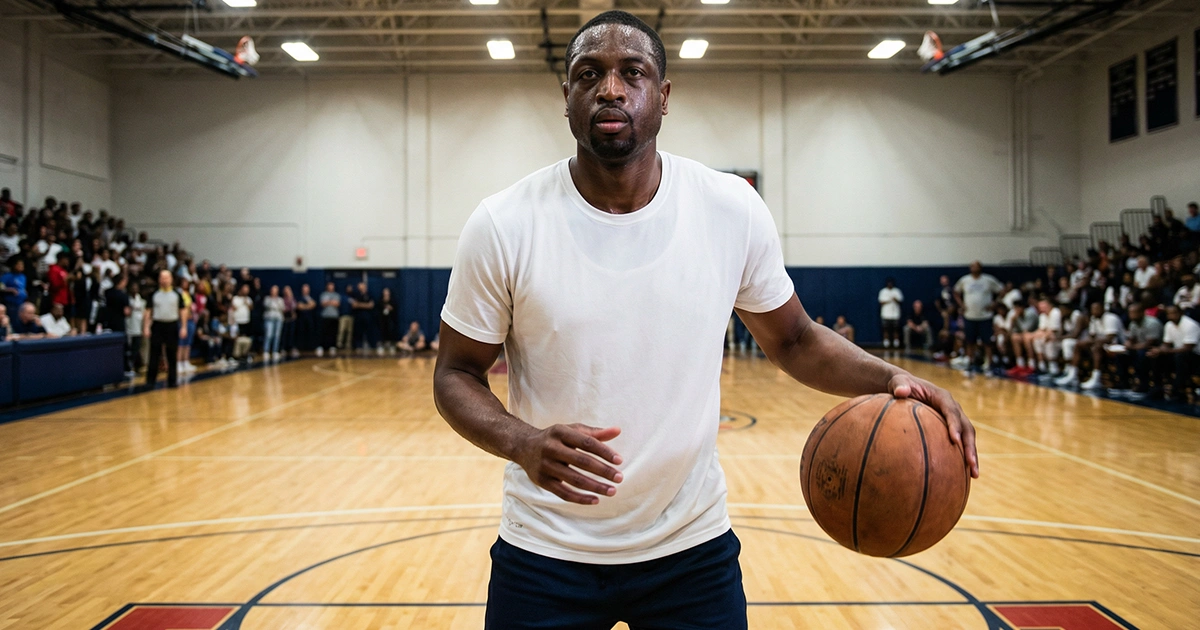 Jugador de baloncesto profesional concentrado antes de un tiro libre en cancha iluminada