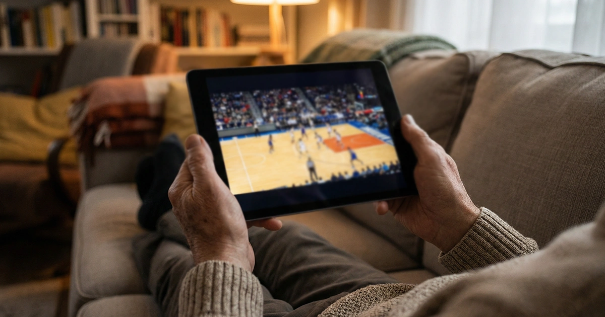 Persona viendo un partido de baloncesto en una tablet con un sofá y ambiente de salón de fondo