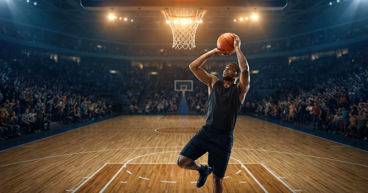 Tipos de apuestas en baloncesto: jugador lanzando a canasta en un partido profesional