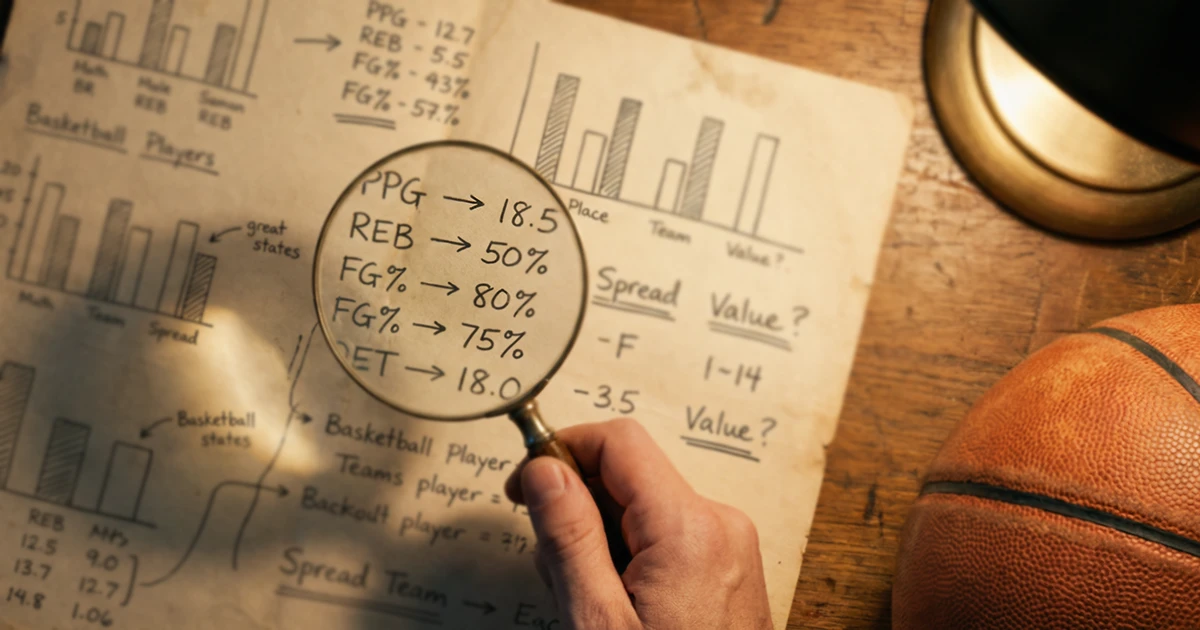 Lupa sobre una hoja de papel con estadísticas escritas a mano junto a un balón de baloncesto